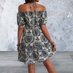Off Shoulder Printed Smocked Mini Dress