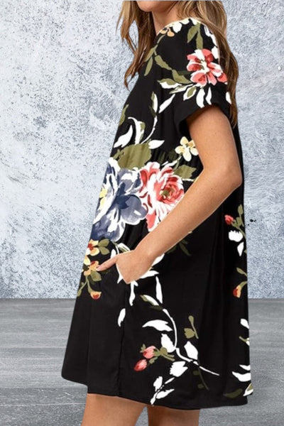 Plus Size Floral Short Sleeve Black V Neck Mini Dress