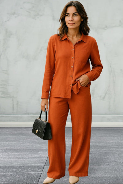 Lepunuo 2 Piece Women Casual  Long Sleeve Button Down Shirt and Wide Leg Pants Sets