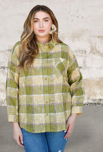 Plus size cotton linen blend textured plaid shirt top