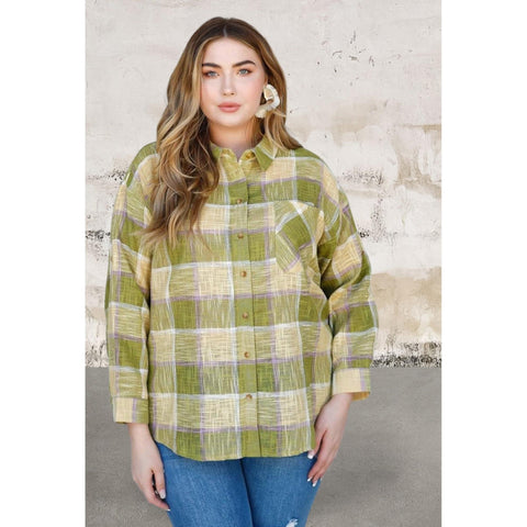 Plus size cotton linen blend textured plaid shirt top