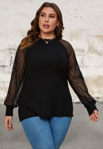 Plus Size Ribbed Knit Sheer Sleeve Top