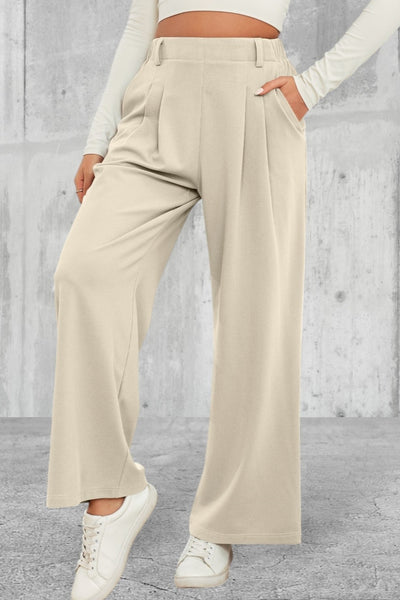 Beige Elastic Waist Wide Leg Pants
