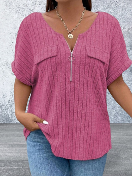 Plus Size Half Zip Short Sleeve Top