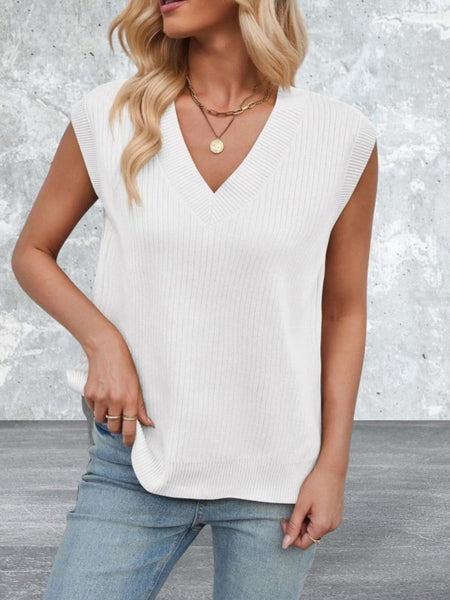 Lovelet Ribbed Slit V-Neck Sweater Vest