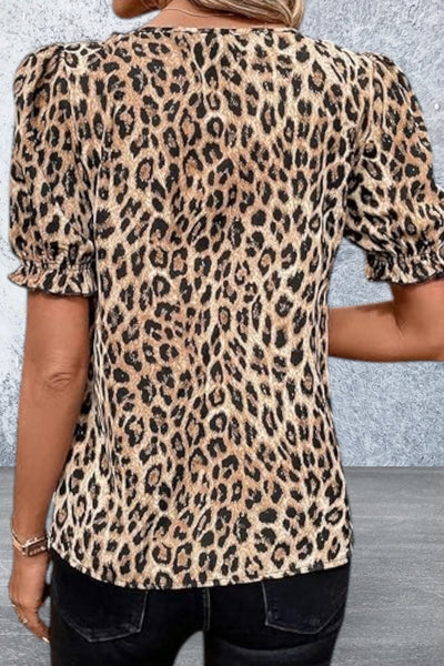 Short Sleeve Ruffled Neck Animal Print Top