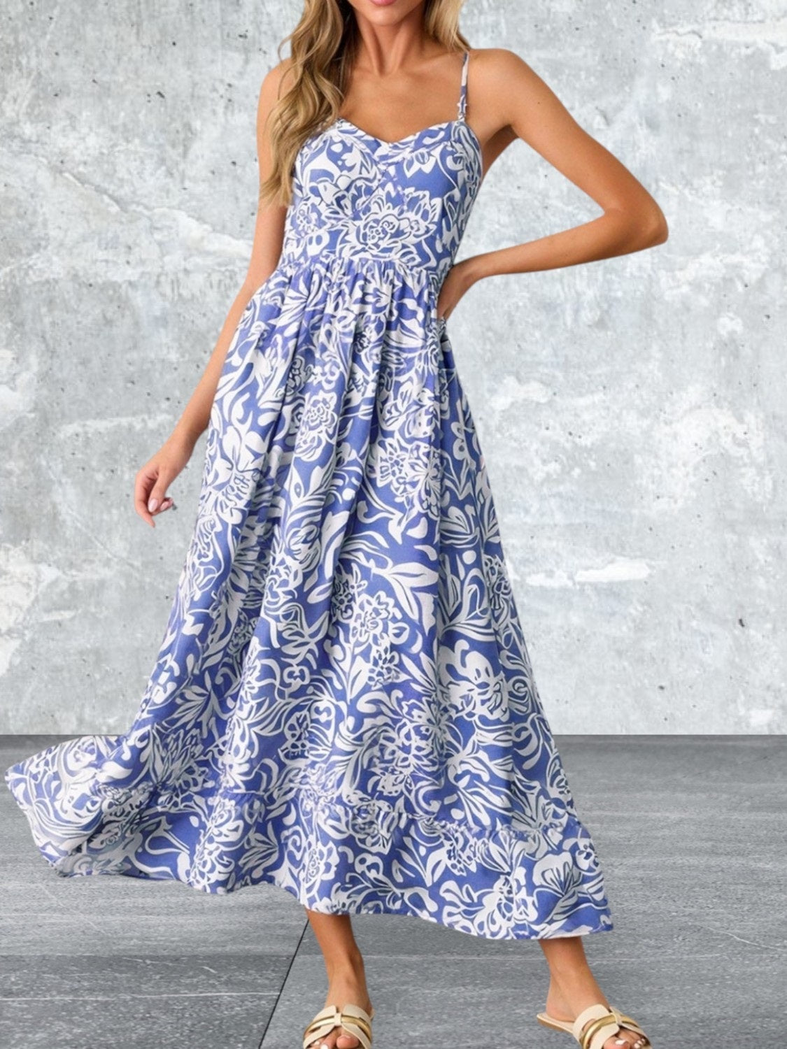Floral Print Spaghetti Strap High Waist Maxi Dress