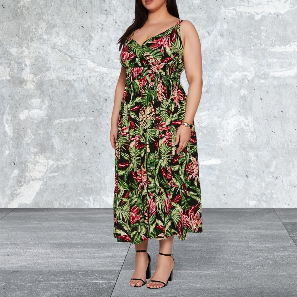Plus Size Sleeveless Leaf Print Dress