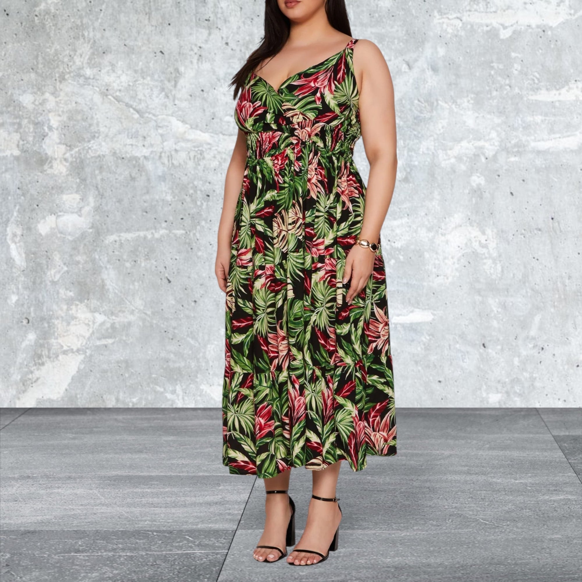 Plus Size Sleeveless Leaf Print Dress
