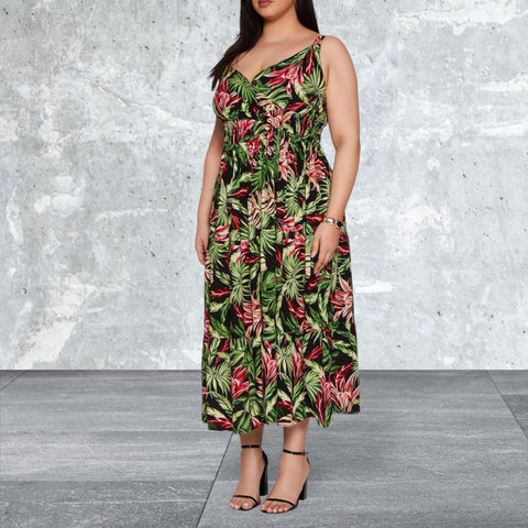 Plus Size Sleeveless Leaf Print Dress