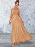 Sleeveless Sequin V Neck Evening Dress