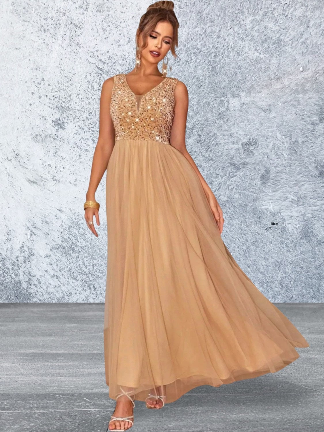 Sleeveless Sequin V Neck Evening Dress