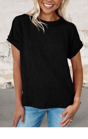 Black Short Sleeve Textured Knit Top