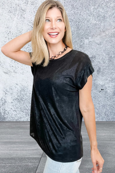 Women Round Neck Black Metallic Cap Sleeve Top