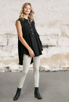 Black Sleeveless Button Front tunic top with frayed round neck