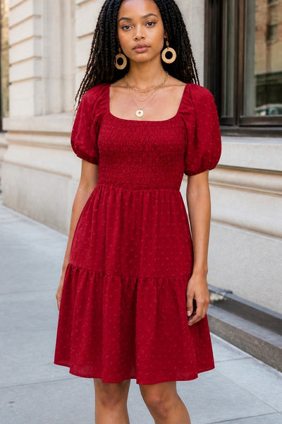 Short Sleeve Swiss Dot Smocked Square Neck Dress