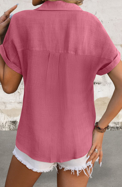 Crinkle Textured Cuffed Short Sleeve Shirt