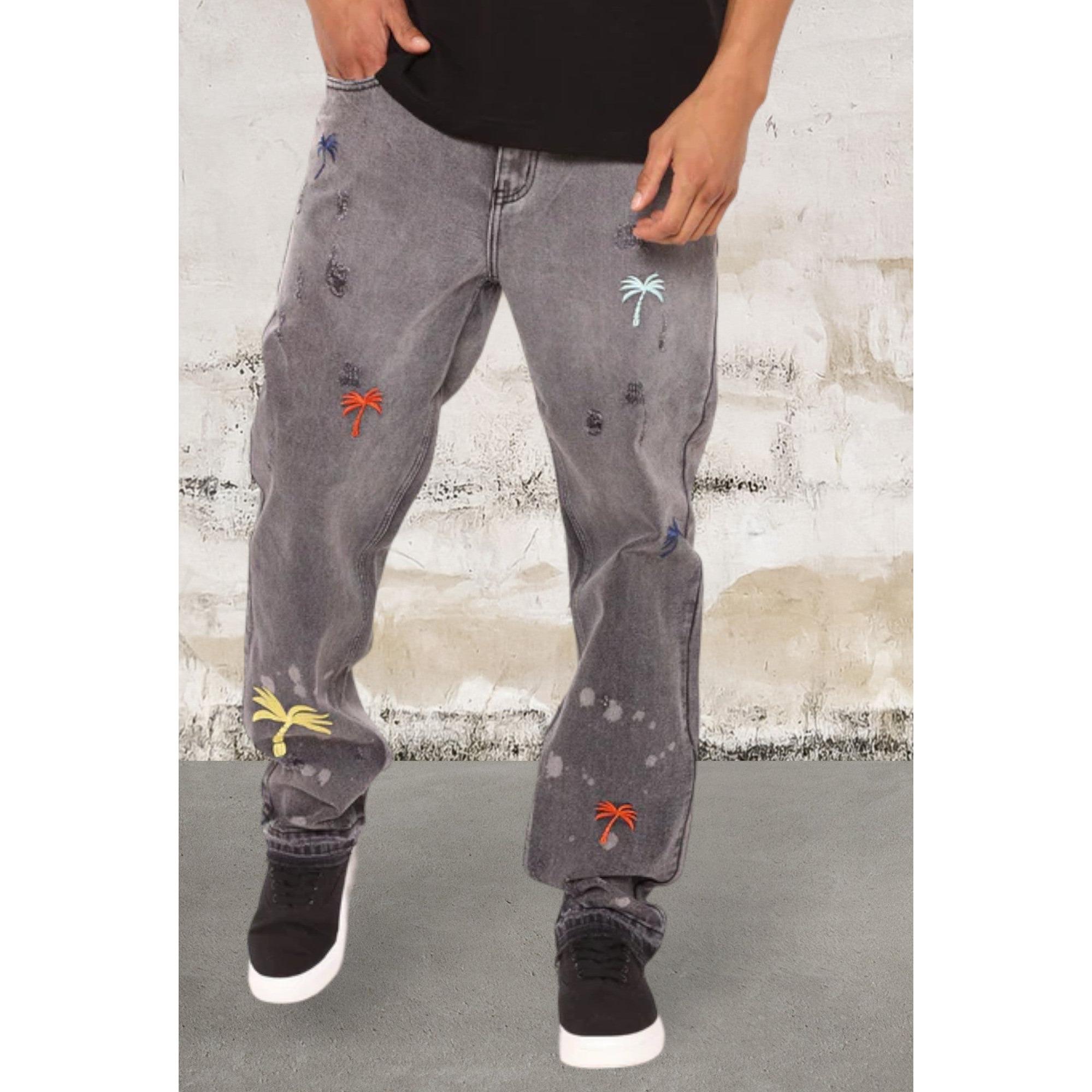 Men Straight Leg Palm Trees 5 Pocket Jeans