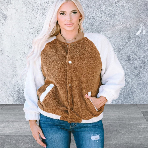 Women's Plus Size Snap Button Sherpa Jacket