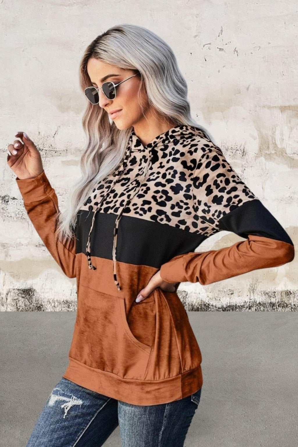 Plus Size Long sleeve leopard colorblock hoodie