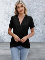 Short Sleeve Solid Color Surplice Blouse