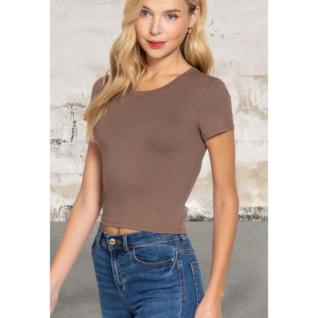 Short Sleeve Slit Brown Crew Neck Rib Crop Top