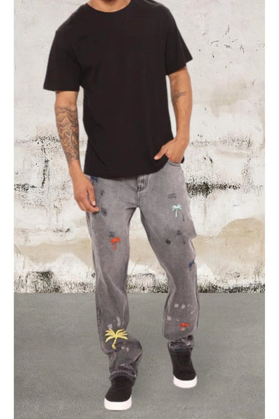 Men Straight Leg Palm Trees 5 Pocket Jeans