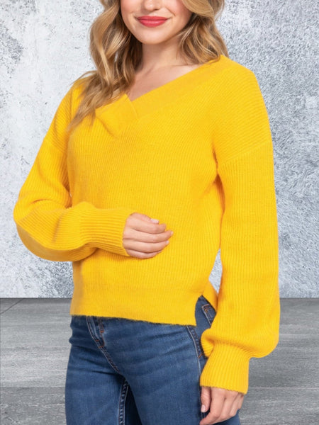 Vibrant Yellow Long Sleeve V-neck Sweater