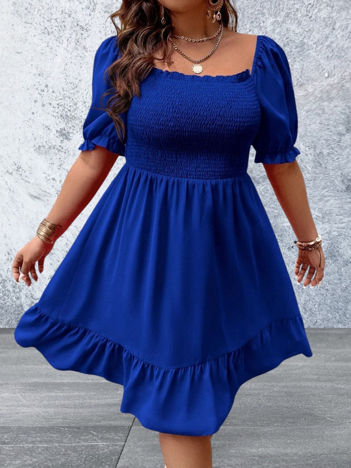 Plus Size Short Sleeve Smocked Square Neck Dress