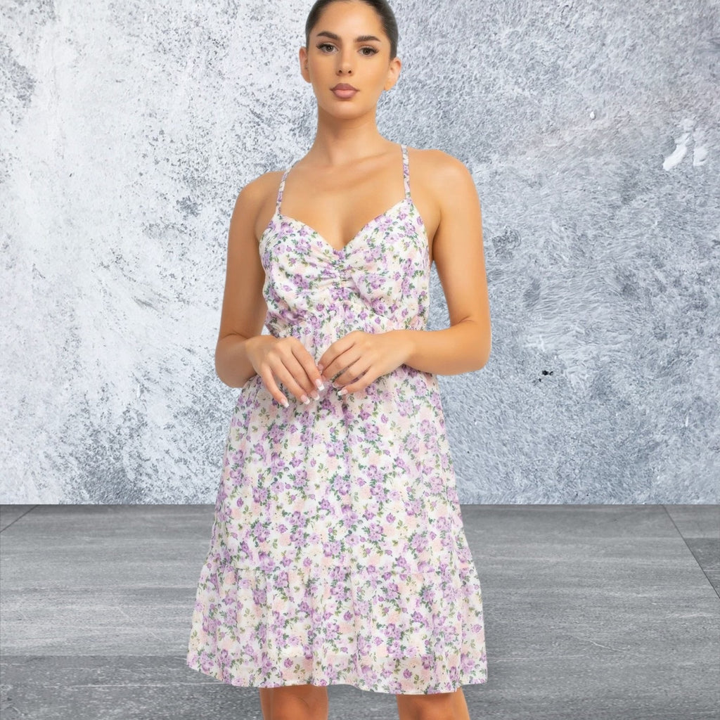 Sleeveless Floral Print Double Strap Mini Dress
