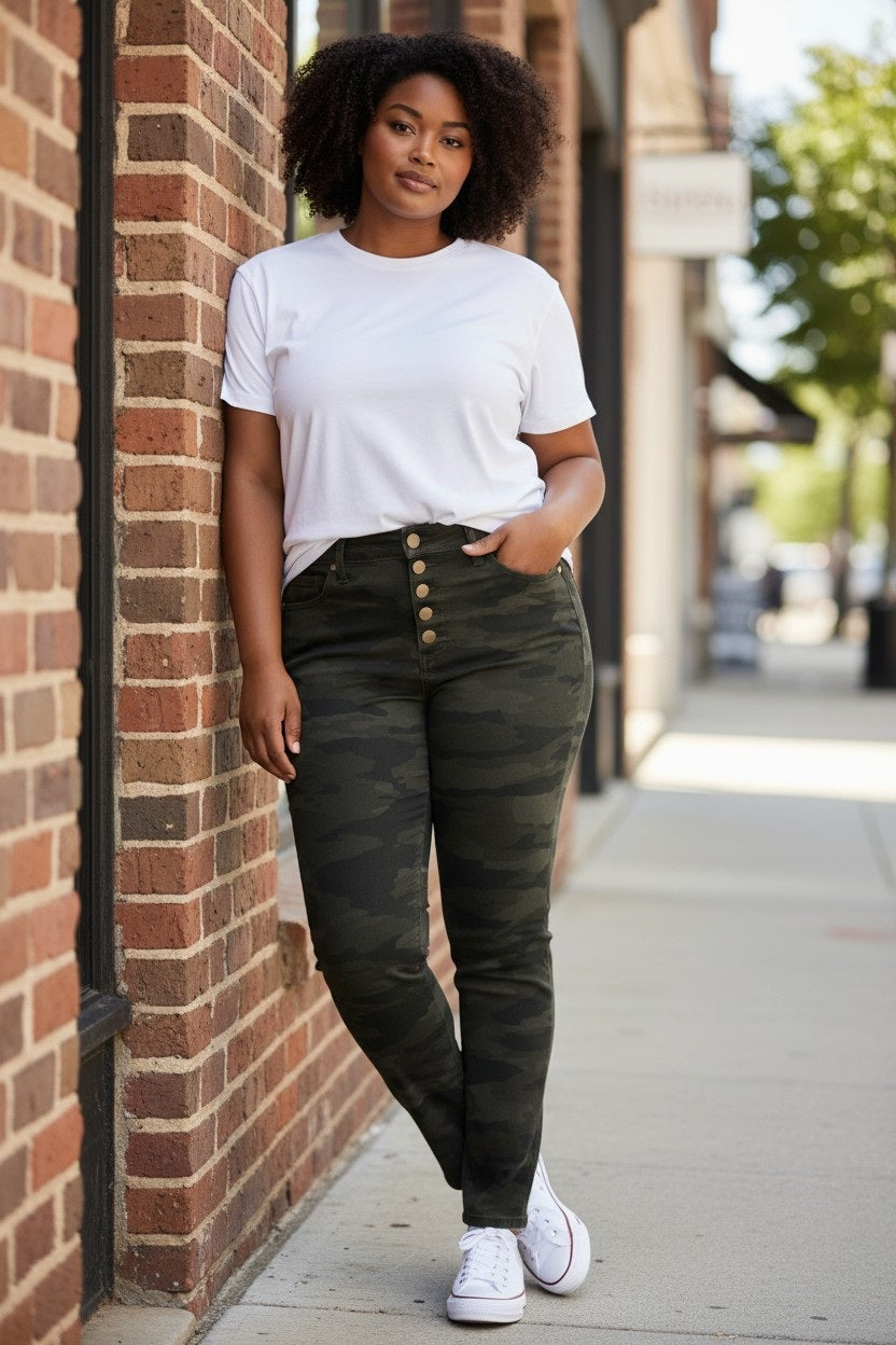 Camo Stretch Button-Fly High Rise Curvy Jeans