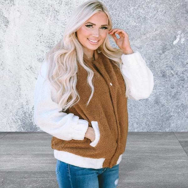 Women's Plus Size Snap Button Sherpa Jacket