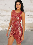 Sleeveless Round Neck Bodycon Red And Gold Print dress