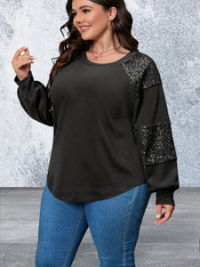 Plus Size Sequin Crew Neck Long Sleeve Top