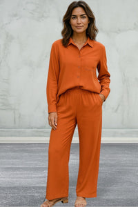 Lepunuo 2 Piece Women Casual  Long Sleeve Button Down Shirt and Wide Leg Pants Sets
