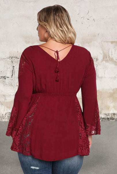 Plus size v neck lace insert bell sleeve top