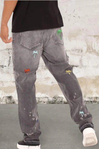 Men Straight Leg Palm Trees 5 Pocket Jeans
