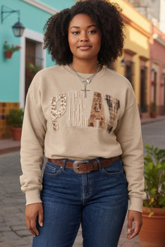 Plus Size PRAY Letter Patchwork Round Neck Long Sleeve Sweatshirt