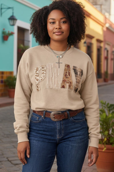 Plus Size PRAY Letter Patchwork Round Neck Long Sleeve Sweatshirt