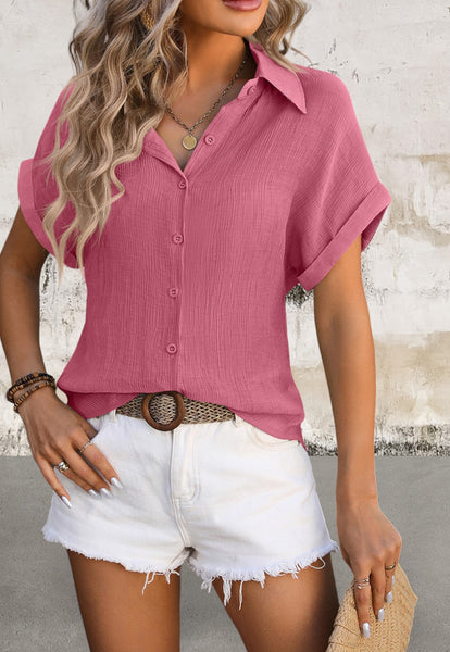 Crinkle Textured Cuffed Short Sleeve Shirt