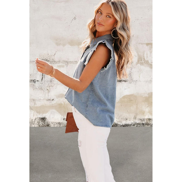 Blue Frayed Ruffle Short Sleeve Denim Shirt