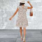  Ruffled Sleeve Keyhole Back Leopard Print Mini Summer Dress