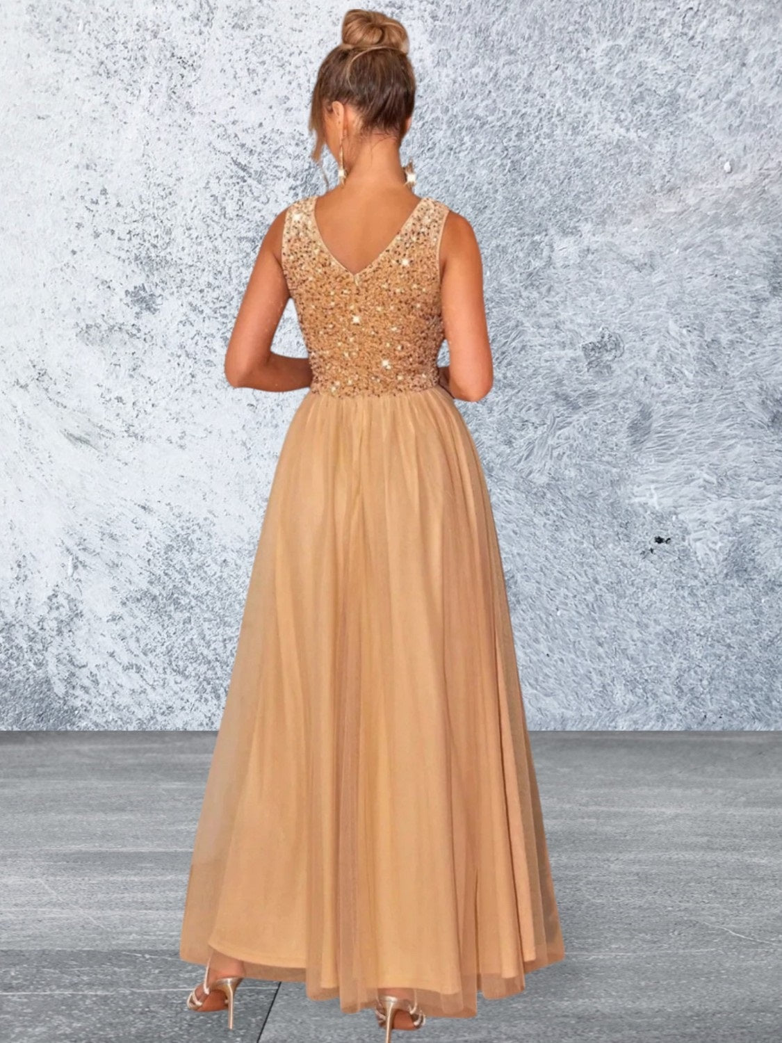 Sleeveless Sequin V Neck Evening Dress