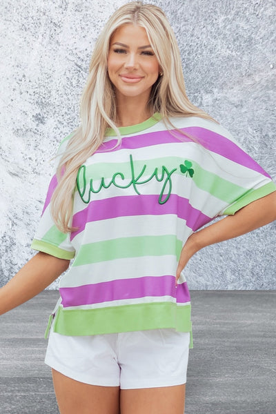 Short Sleeve Stripe Lucky Clover Graphic Loose Top