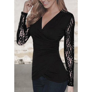 Long lace sleeve v-neck stretchy top