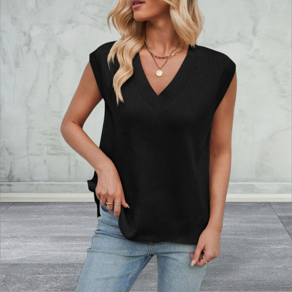 Lovelet Ribbed Slit V-Neck Sweater Vest