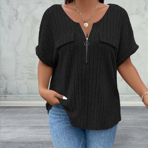 Plus Size Half Zip Short Sleeve Top