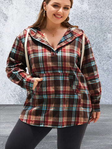 Plus Size Drawstring Kangaroo Pocket Shirt Hoodie