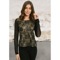 Long sleeve sheer juniors black gold top