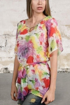 Short sleeve floral print butterfly sleeves pullover blouse